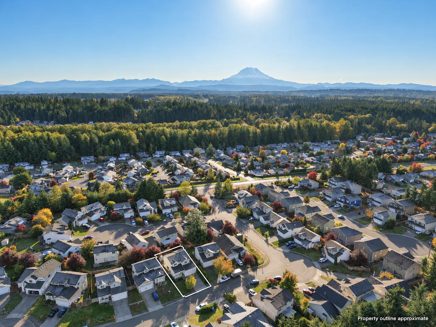 Aerial view of the Stonerise neighborhood with the property outlined and Mount Rainier beyond