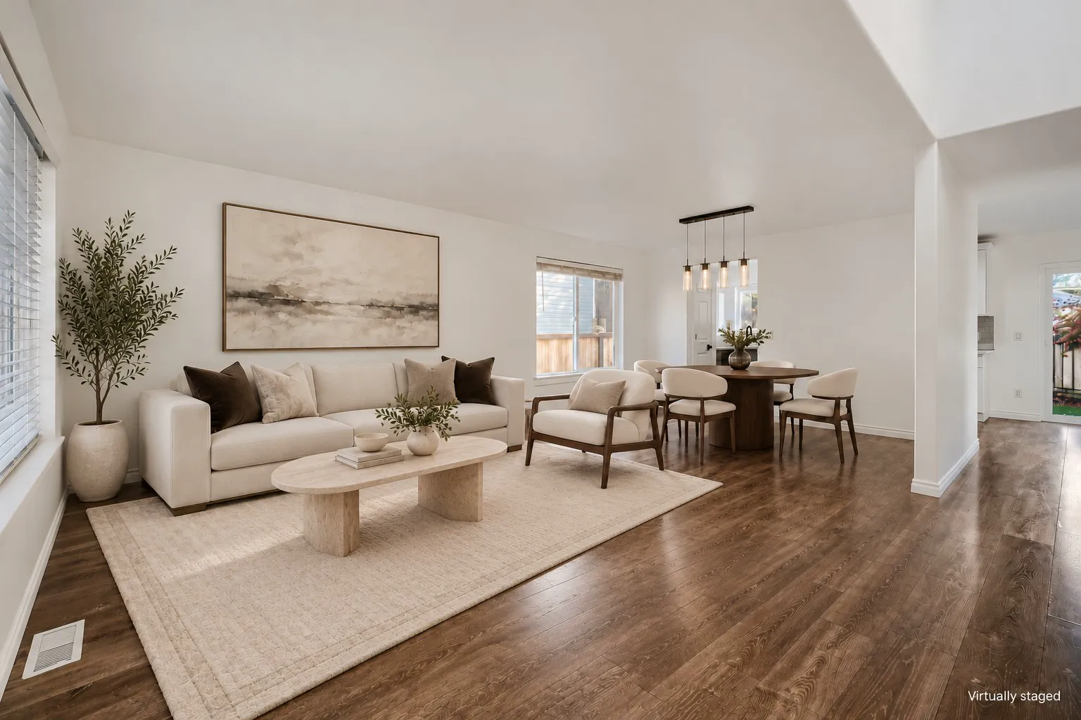 Living and dining rooms, virtually staged