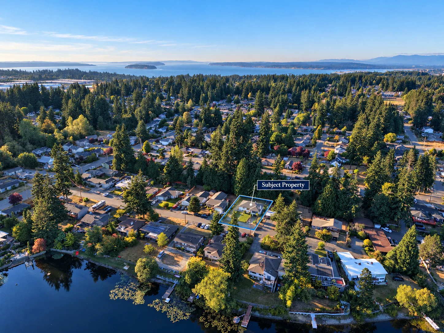 Aerial view of the neighborhood with the property marked